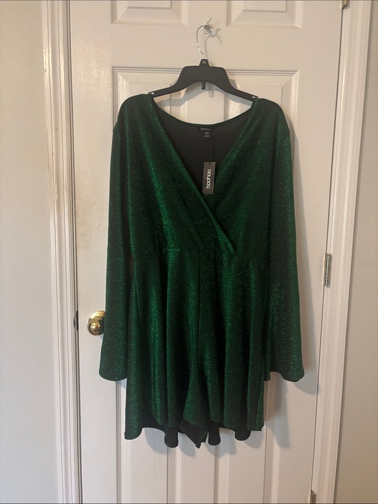 Boohoo Pants - Boohoo Emerald Green Sparkle Long Sleeve Wrap Romper